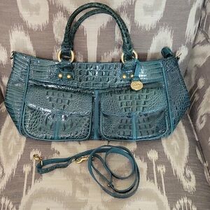 Elegant Blue Satchel with Crocodile Texture and Gold Accents